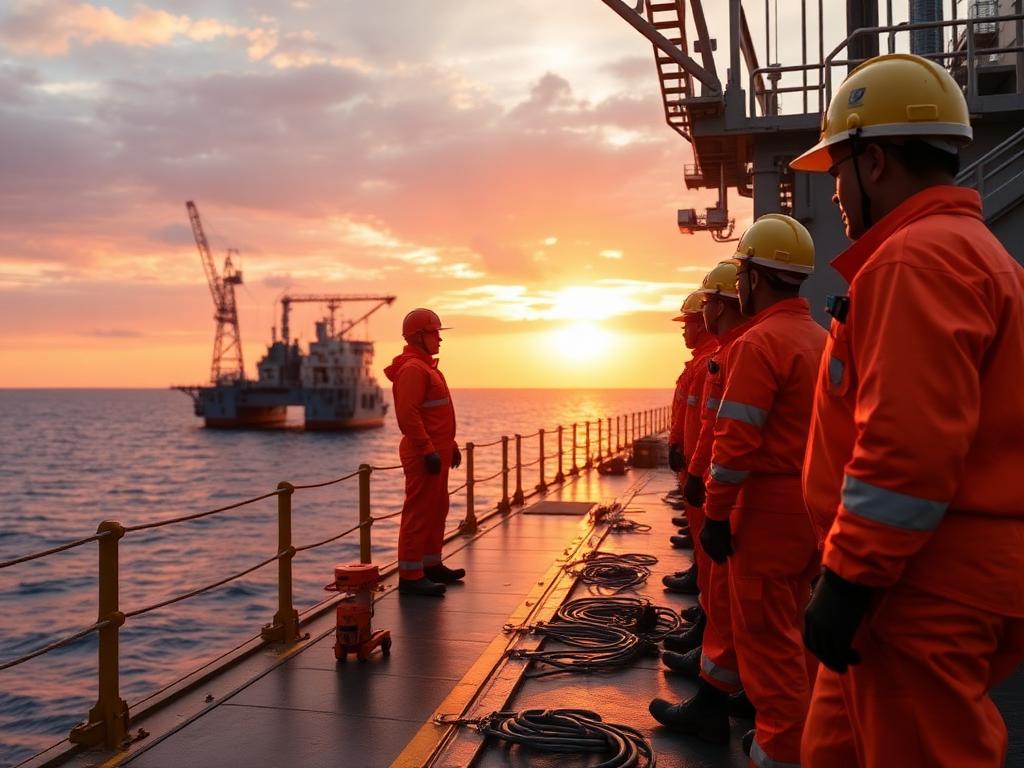 Equipa offshore com fatos e capacetes de protecção a bordo