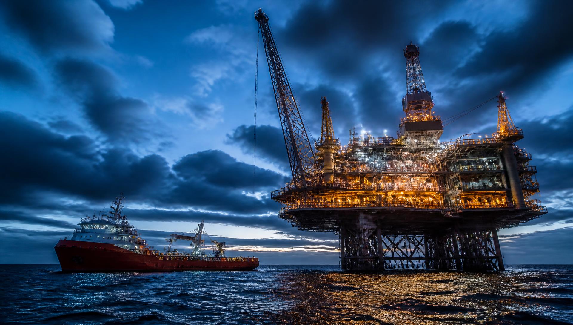 Plataforma offshore em operação no oceano Atlântico ao anoitecer