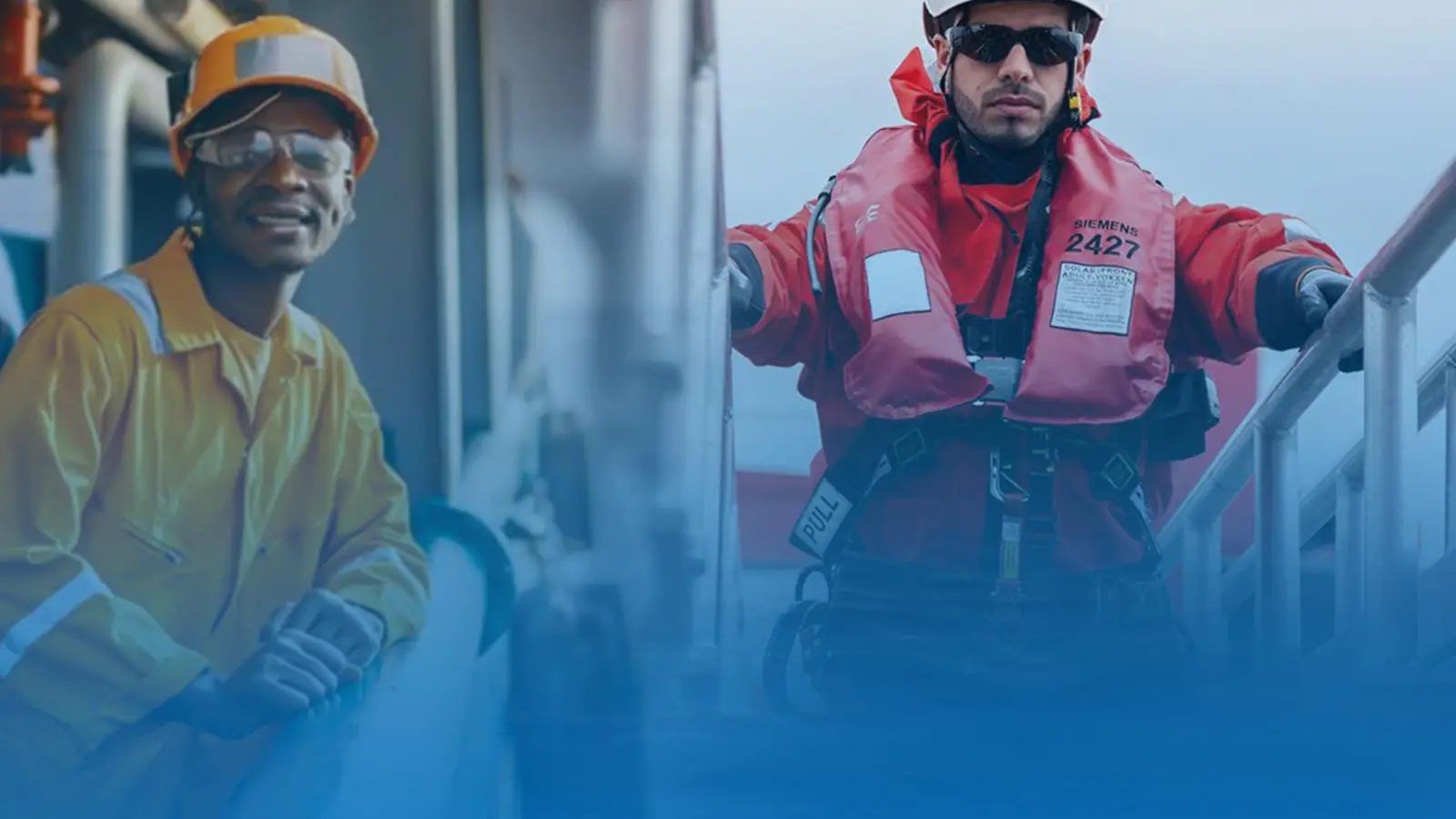 Profissionais equipados para trabalho marítimo e industrial