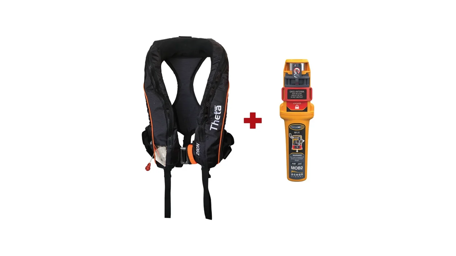 Theta Inflatable Lifejacket, Auto, 290N, with JS1, with Sprayhood, Double Crotch & Harness, ISO, Adult, with Ocean Signal MOB2, Set